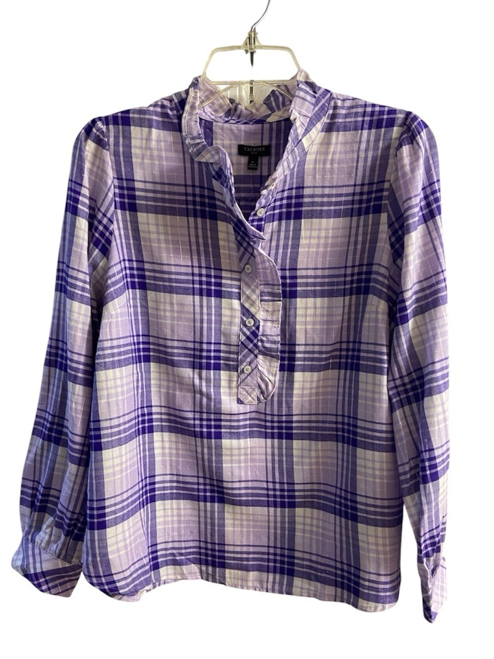 Talbots Purple Tartan Plaid Ruffled Collar Popover Blouse Top Large NWT